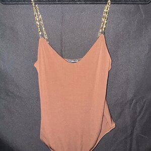 Forever 21 Brown Bodysuit With Gold Chain Straps